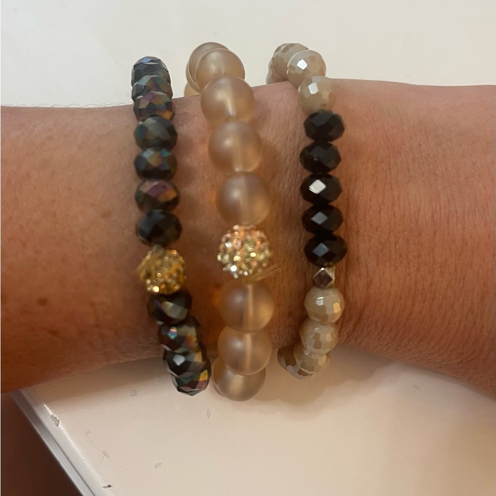 Erimish Black & Taupe  Beaded Stretch Bracelet Set of 3